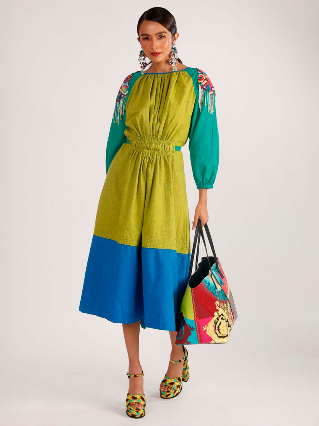 FIRKI Colourblocked Puff Sleeves Gathered Fit & Flare Midi Dress