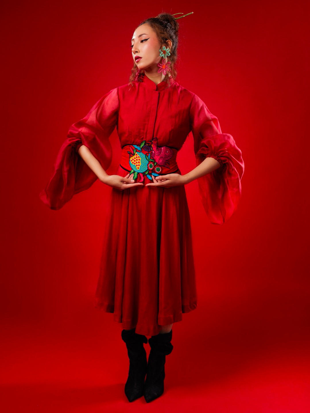 FIRKI Cinched Waist Embroidered Shirt Midi Dress & Belt