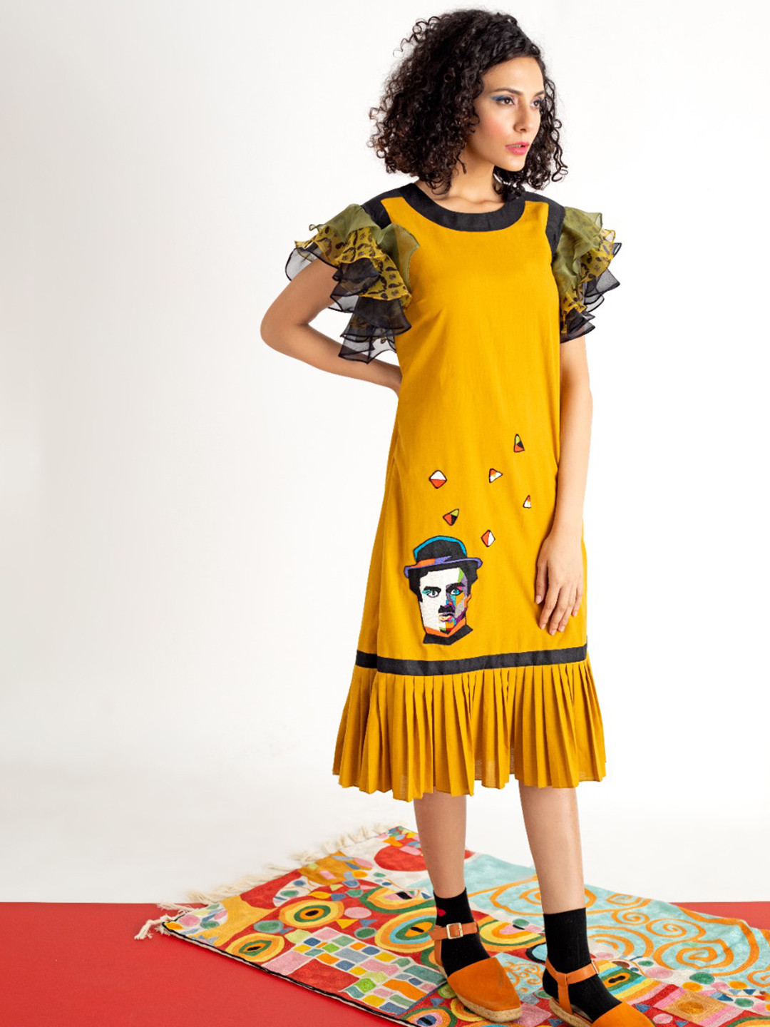 FIRKI Charlie Chaplin Printed Flutter Sleeves Flounce A-Line Mini Dress