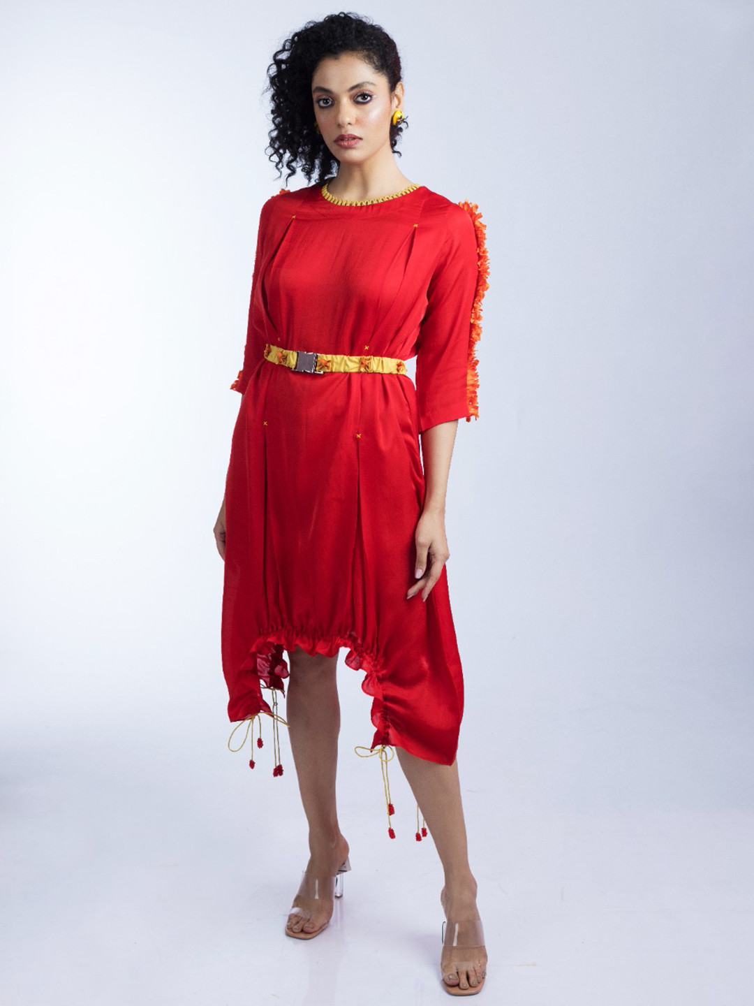 FIRKI Satin Applique Tie-Ups Asymmetric A-Line Dress