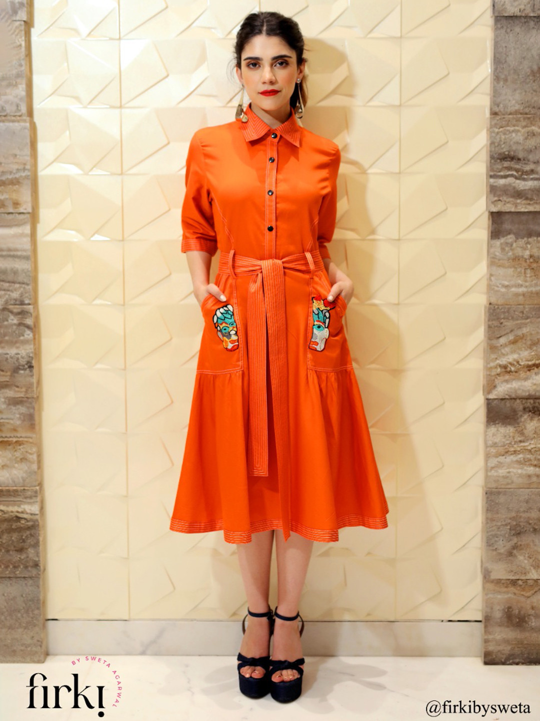 FIRKI Embroidered Detail Cotton Shirt Dress & Belt