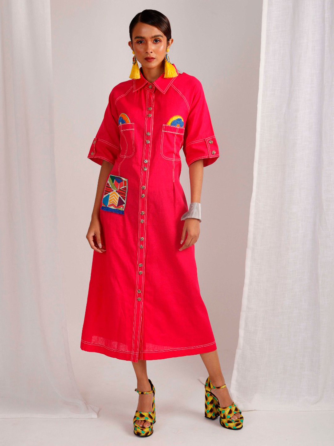 FIRKI Shirt Style Midi Cotton Dress