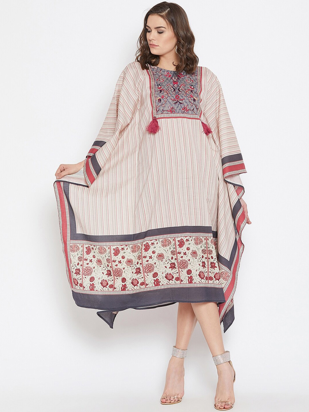 The Kaftan Company Ethnic Motifs Printed Kimono Sleeve Linen Kaftan Midi Dress