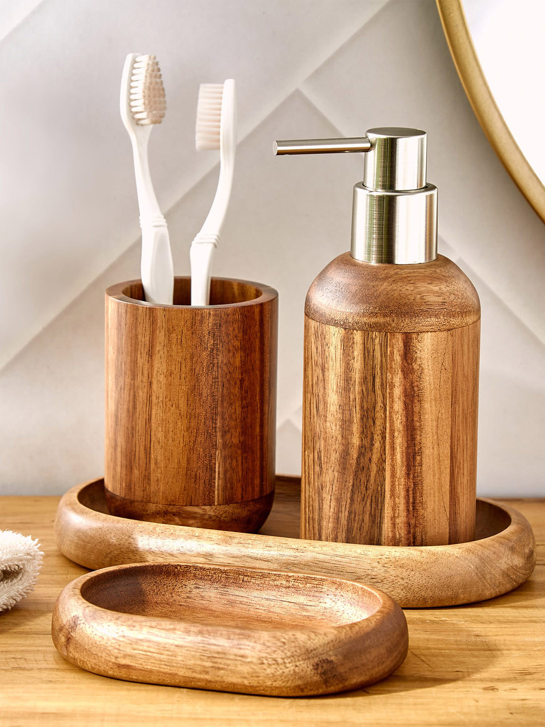 Home Centre Noelle Natural Brown Wooden Soap Dispenser 150 ml