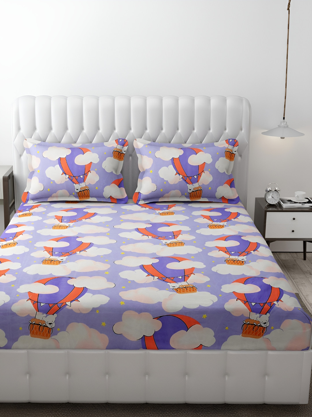 Innovative Edge Purple Conversational Cotton 160 TC Fitted King Superfine Bedsheet with 2 Pillow Covers-78 x 84 inches