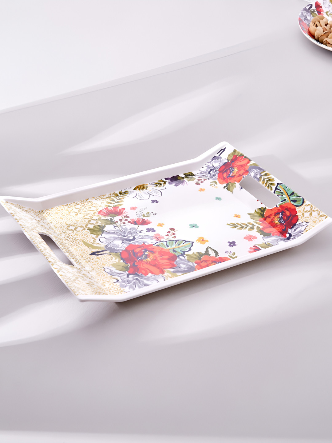 Home Centre Meadows Theme White & Red Printed Dishwasher Safe Tray