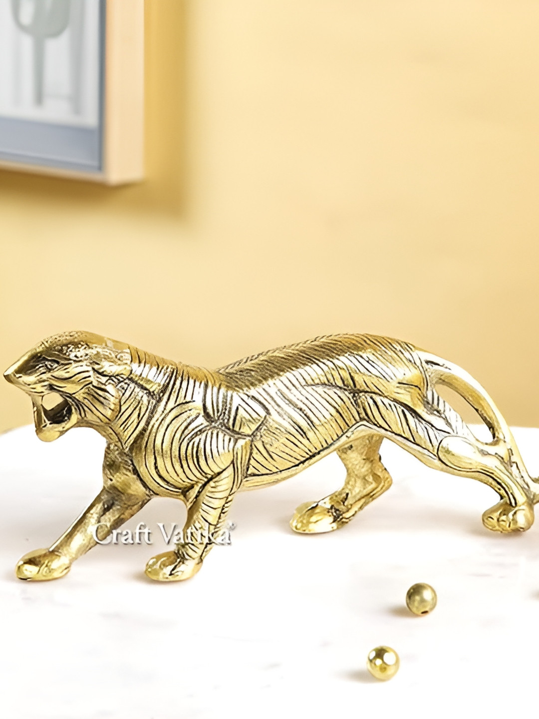 CraftVatika Tiger Gold Metal Metallic Living Room Hand Made Small Showpiece - 3.8 Inches