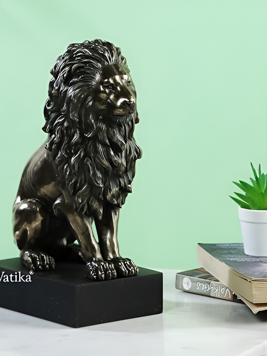 CraftVatika Sitting Lion on Statue Grey Polyresin Glossy Living Room Small Showpiece - 9 Inches