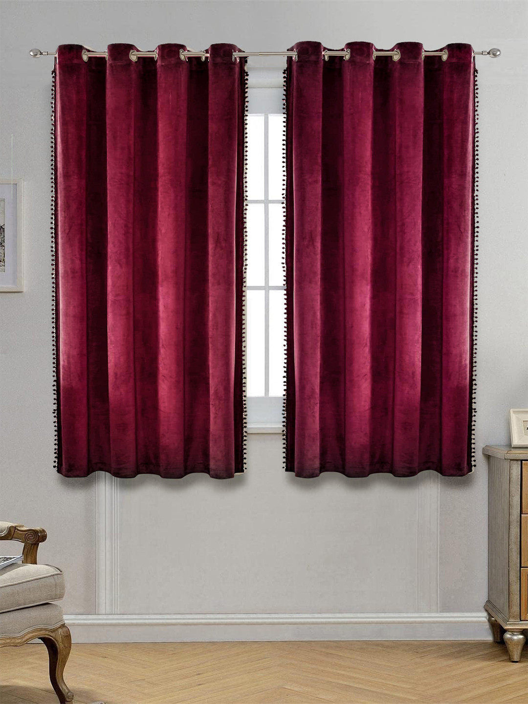 STITCHNEST Maroon Black Velvet 4 feet Curtain