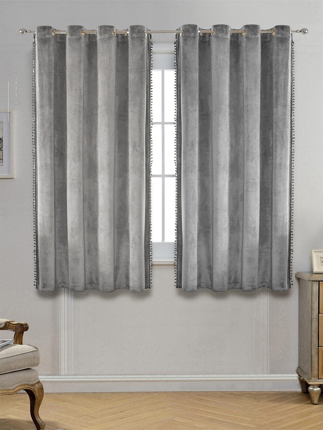 STITCHNEST Grey Black Velvet 5 feet Curtain