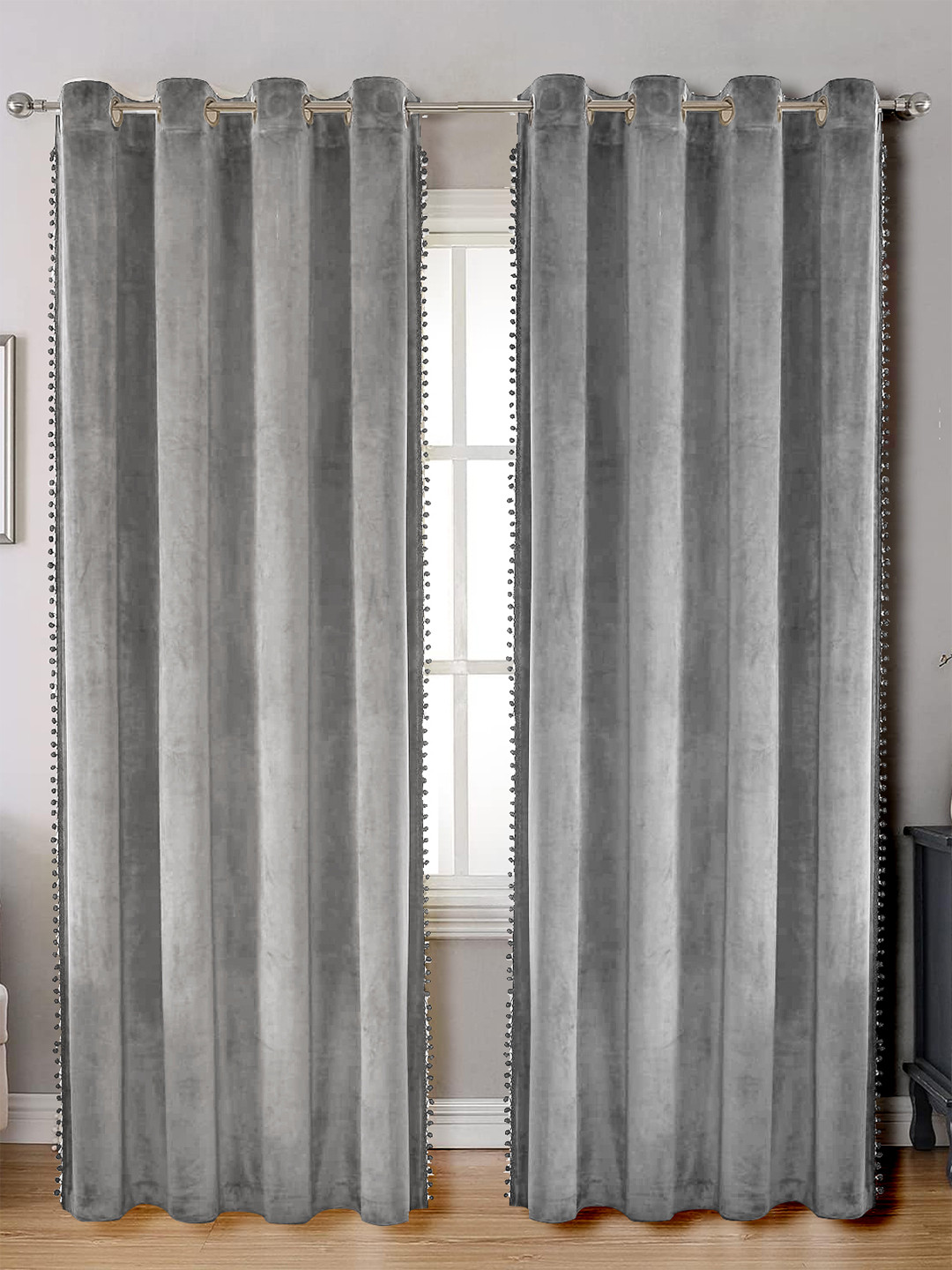 STITCHNEST Set of 2 Grey 2Pcs Black Velvet 7 feet Curtain