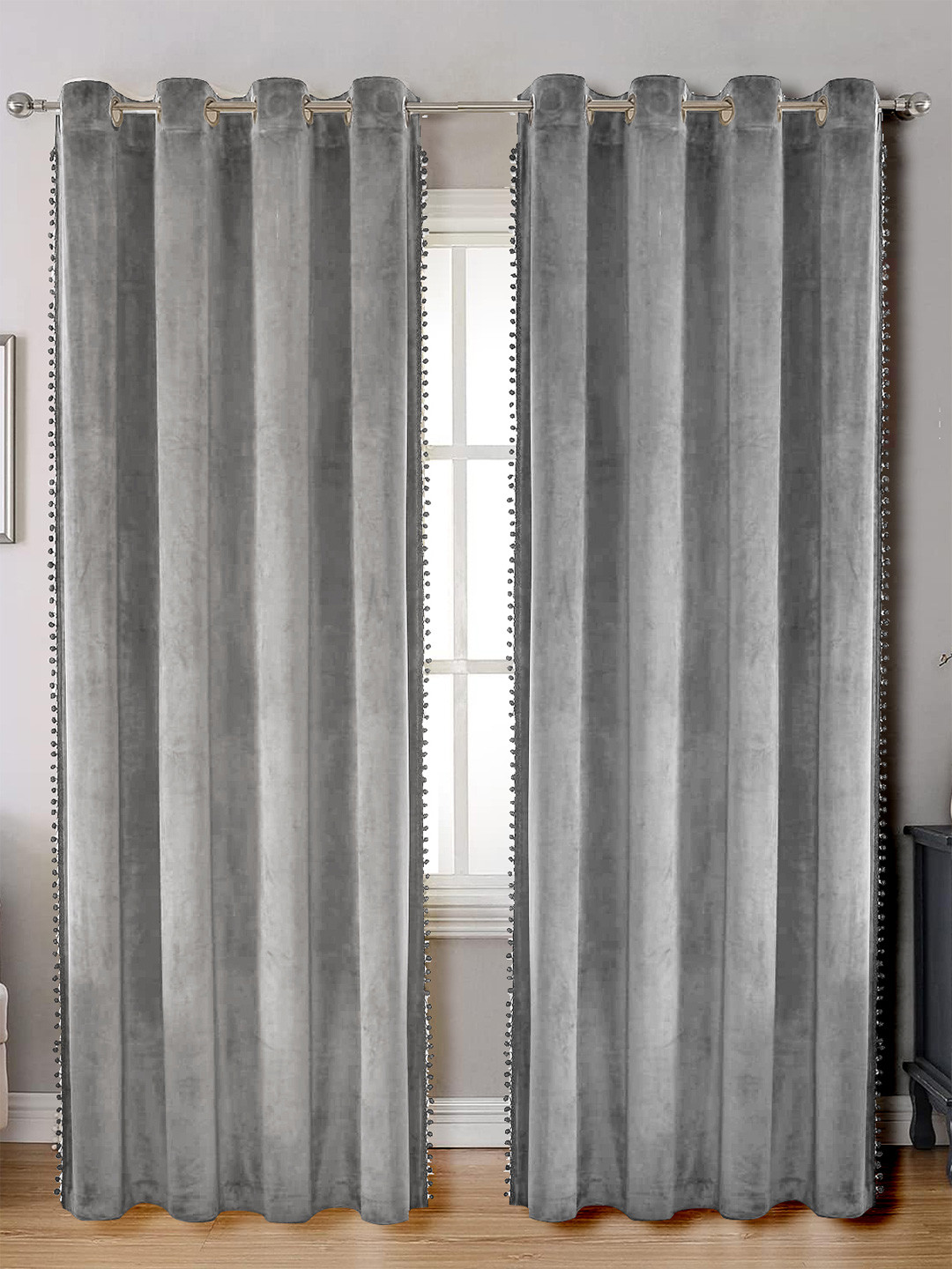 STITCHNEST Grey Velvet 8 feet Curtain