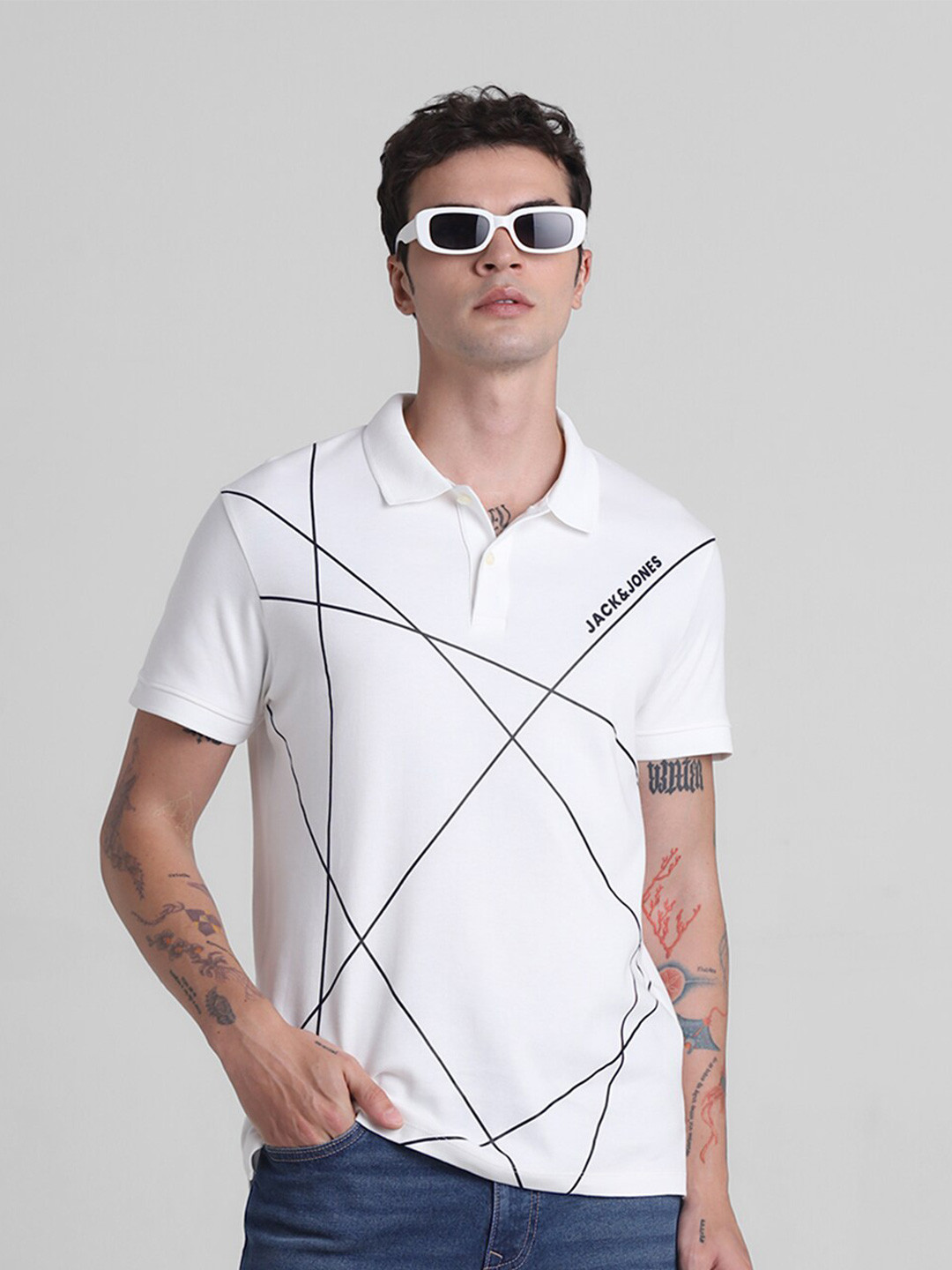 Jack & Jones Brand Logo Printed Cotton Polo Collar Short Sleeves Pockets Slim Fit T-shirt