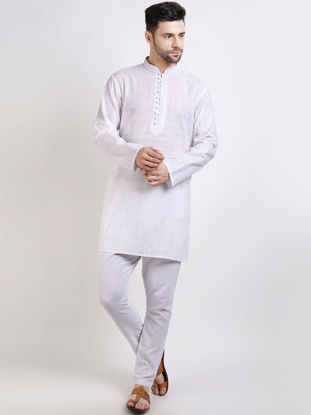 Streaks & Crosses Mandarin Collar Long Sleeves Straight Thread Work Kurta