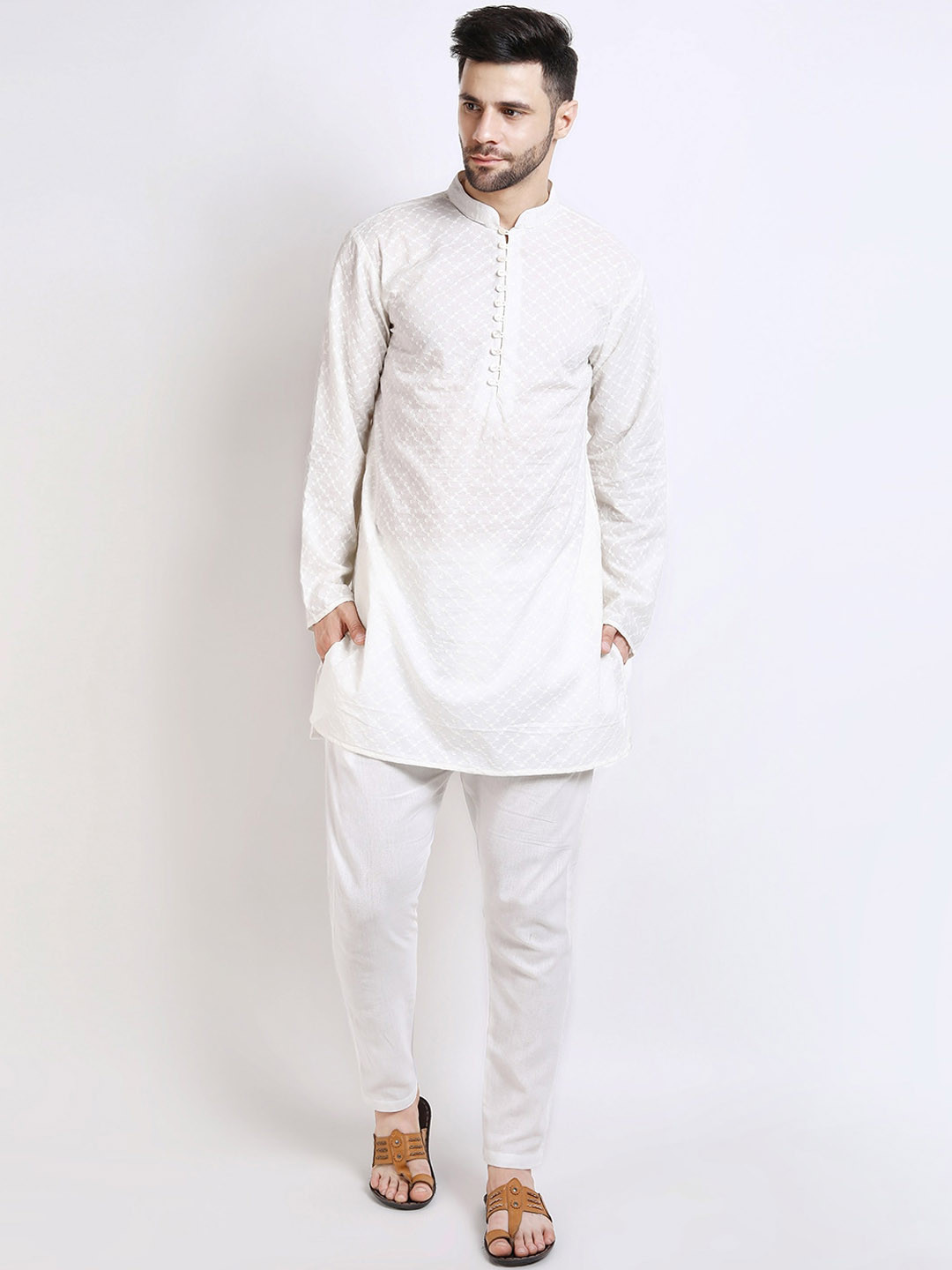 Streaks & Crosses Mandrin Collar Thread Work Dobby Cotton Kurta