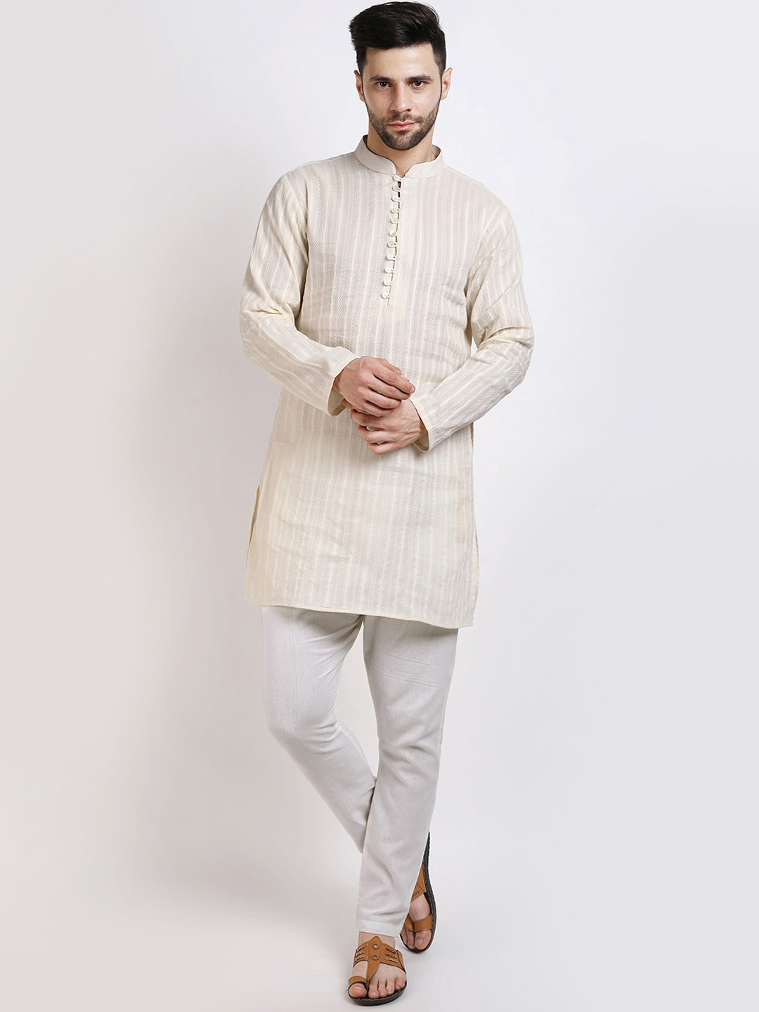 Streaks & Crosses Mandarin Collar Long Sleeves Straight Thread Work Dobby Kurta