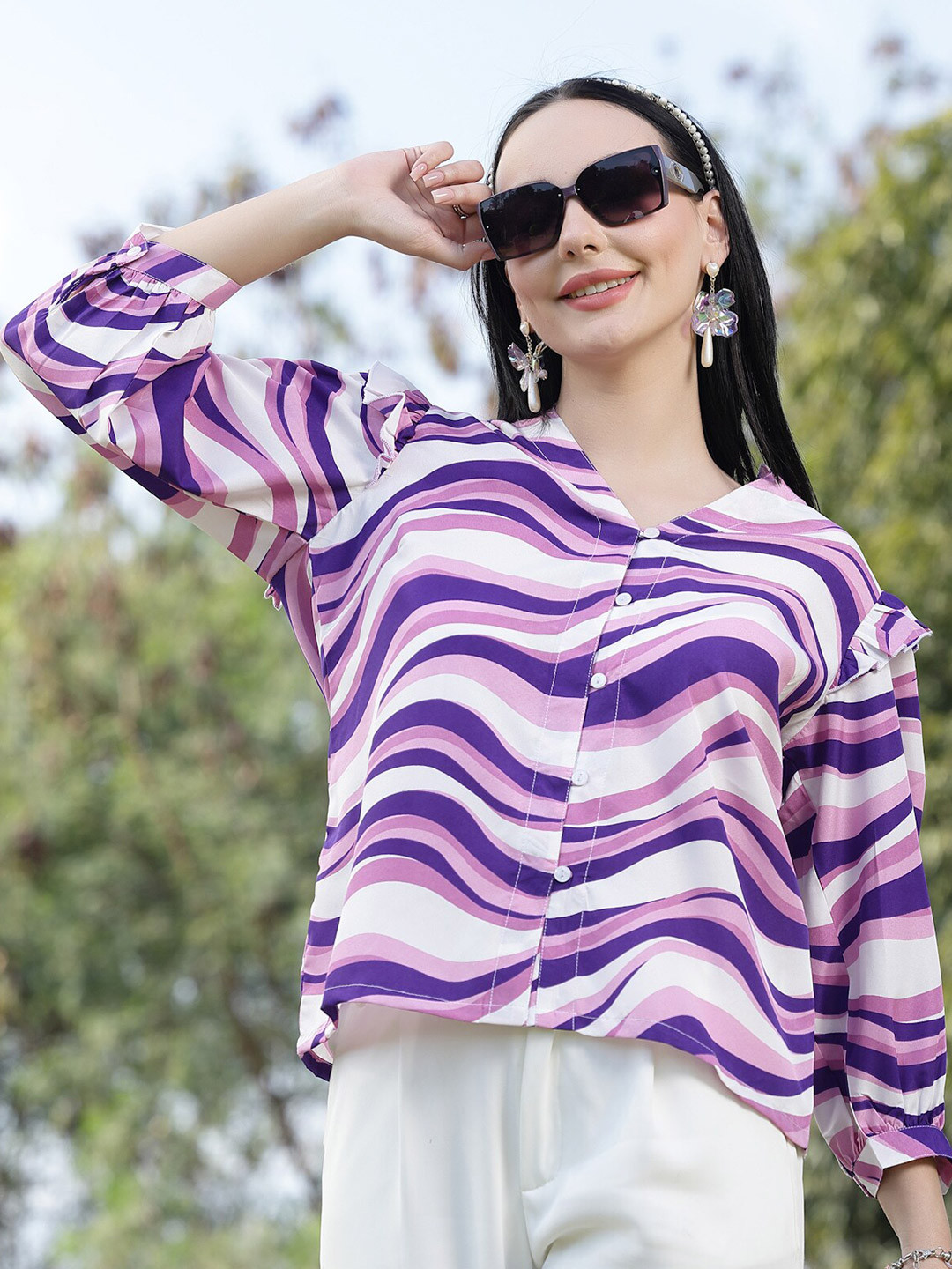 plusS Purple Abstract Printed Mandarin Collar Cuffed Sleeves Ruffles Shirt Style Top