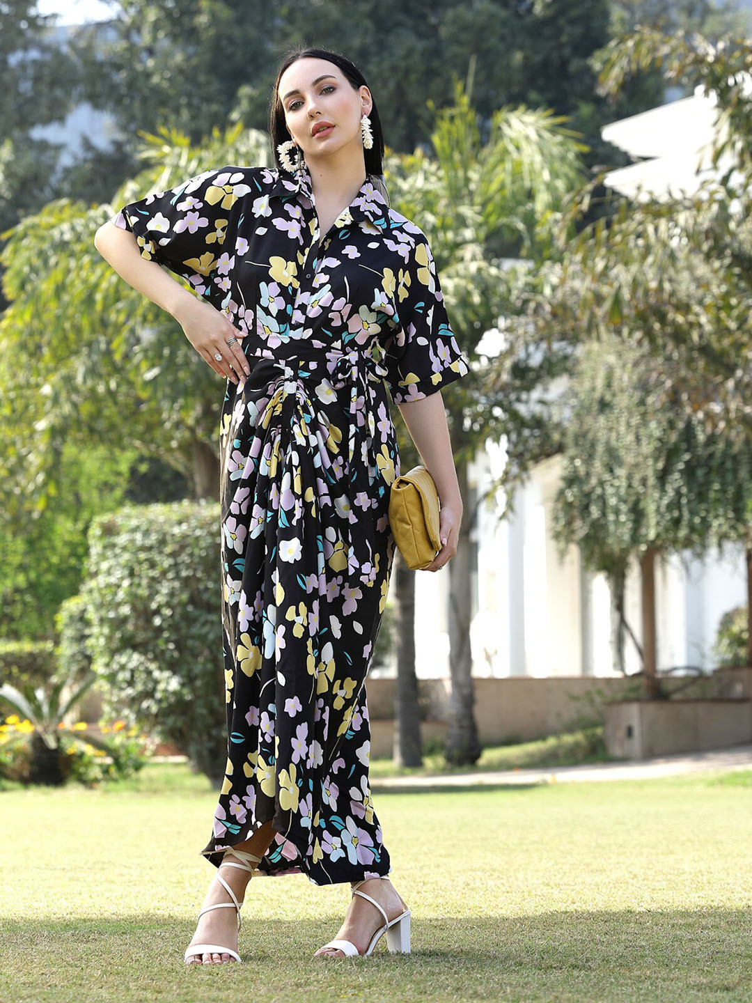plusS Black & Pink Floral Printed Extended Sleeves Shirt Maxi Dress