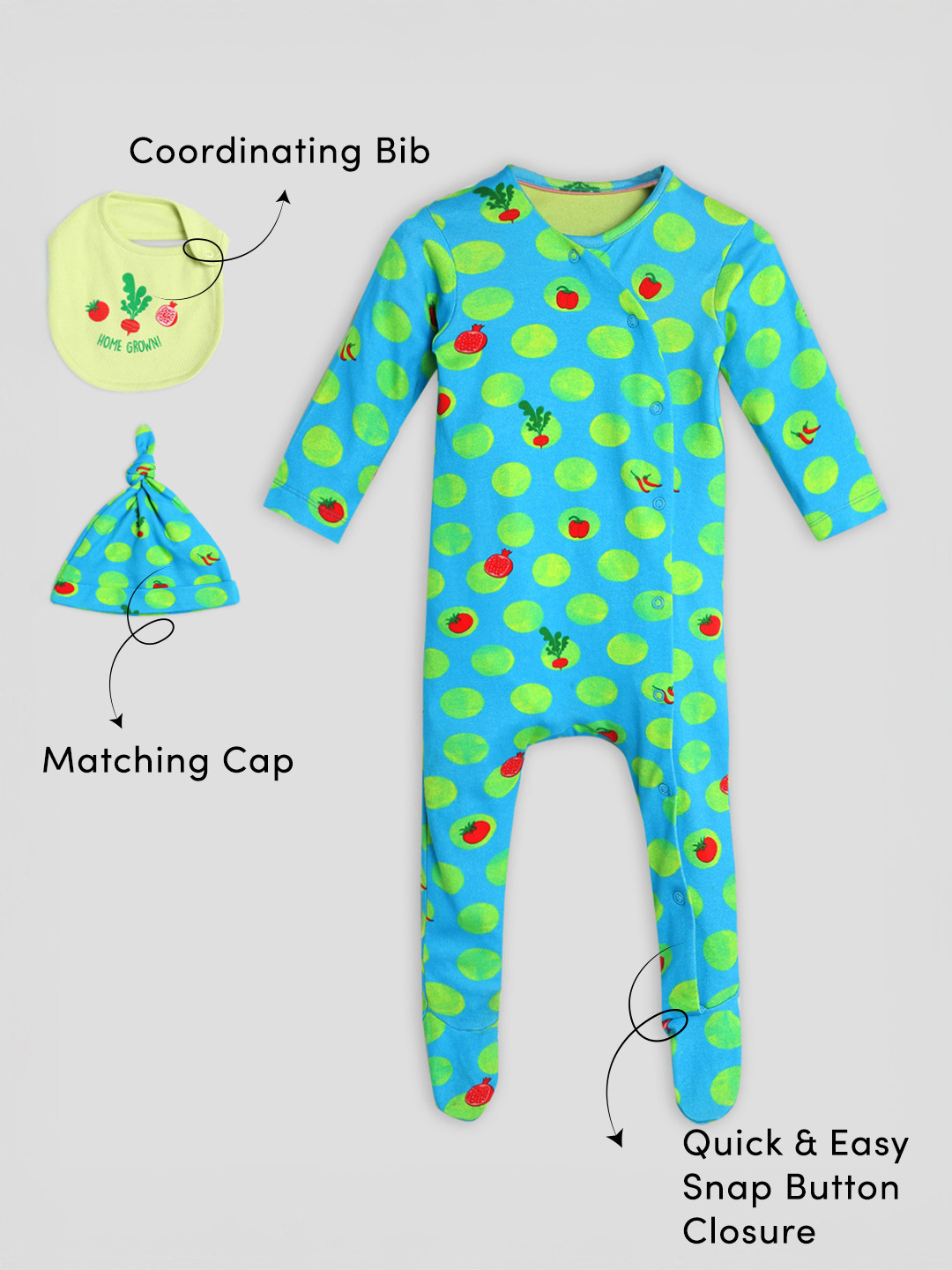 Somersault Infants Printed Pure Cotton Sleepsuit With Cap & Bib