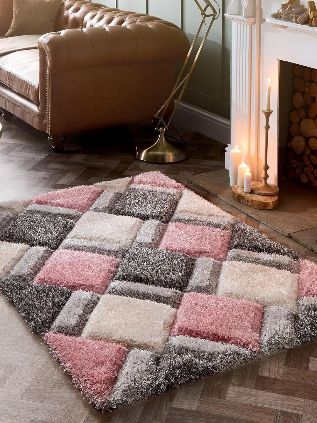 SR Handloom Pink & White Geometric Shaggy Carpet