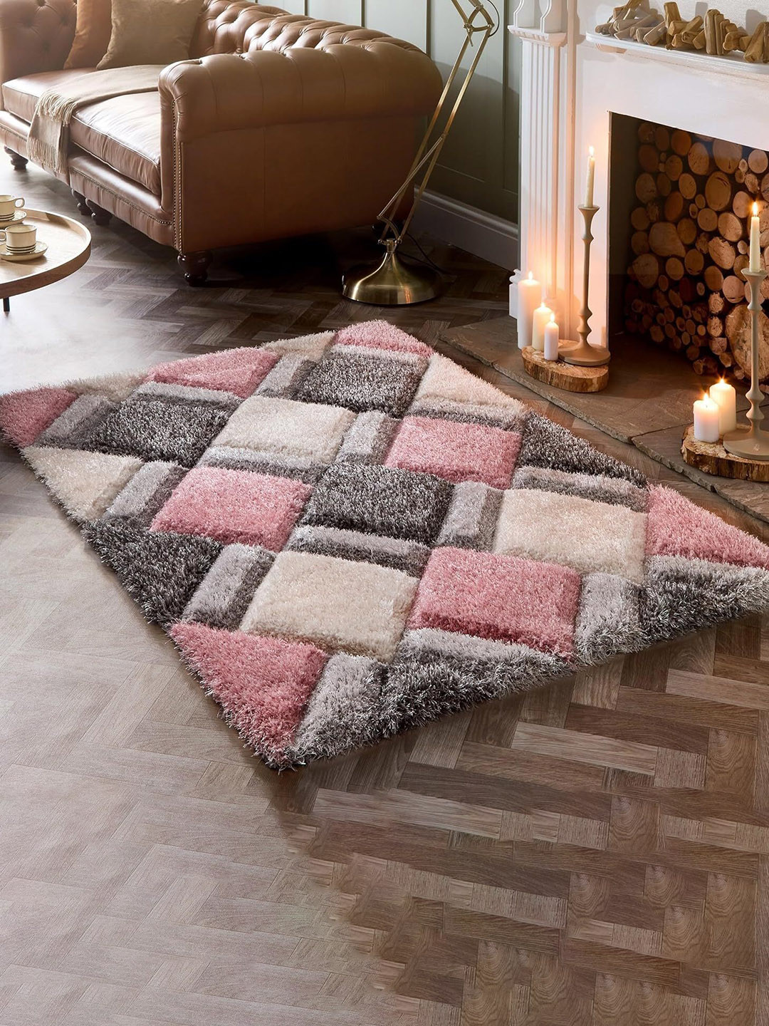 SR Handloom Pink & White Geometric Shaggy Carpet