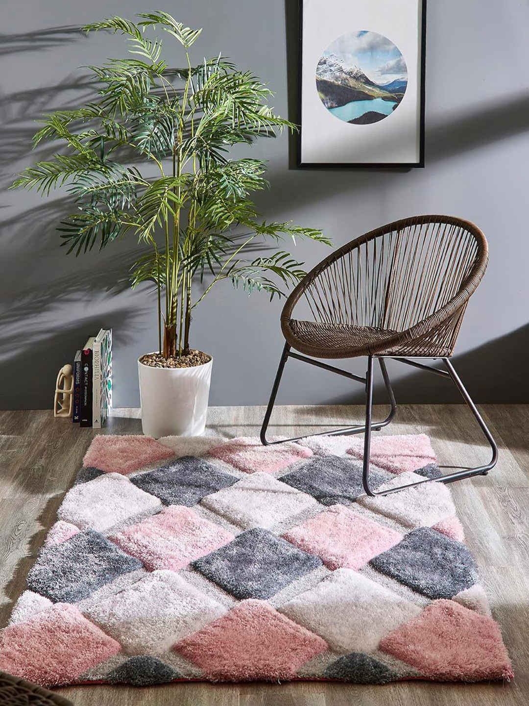 SR Handloom Pink & White Geometric Shaggy Carpet