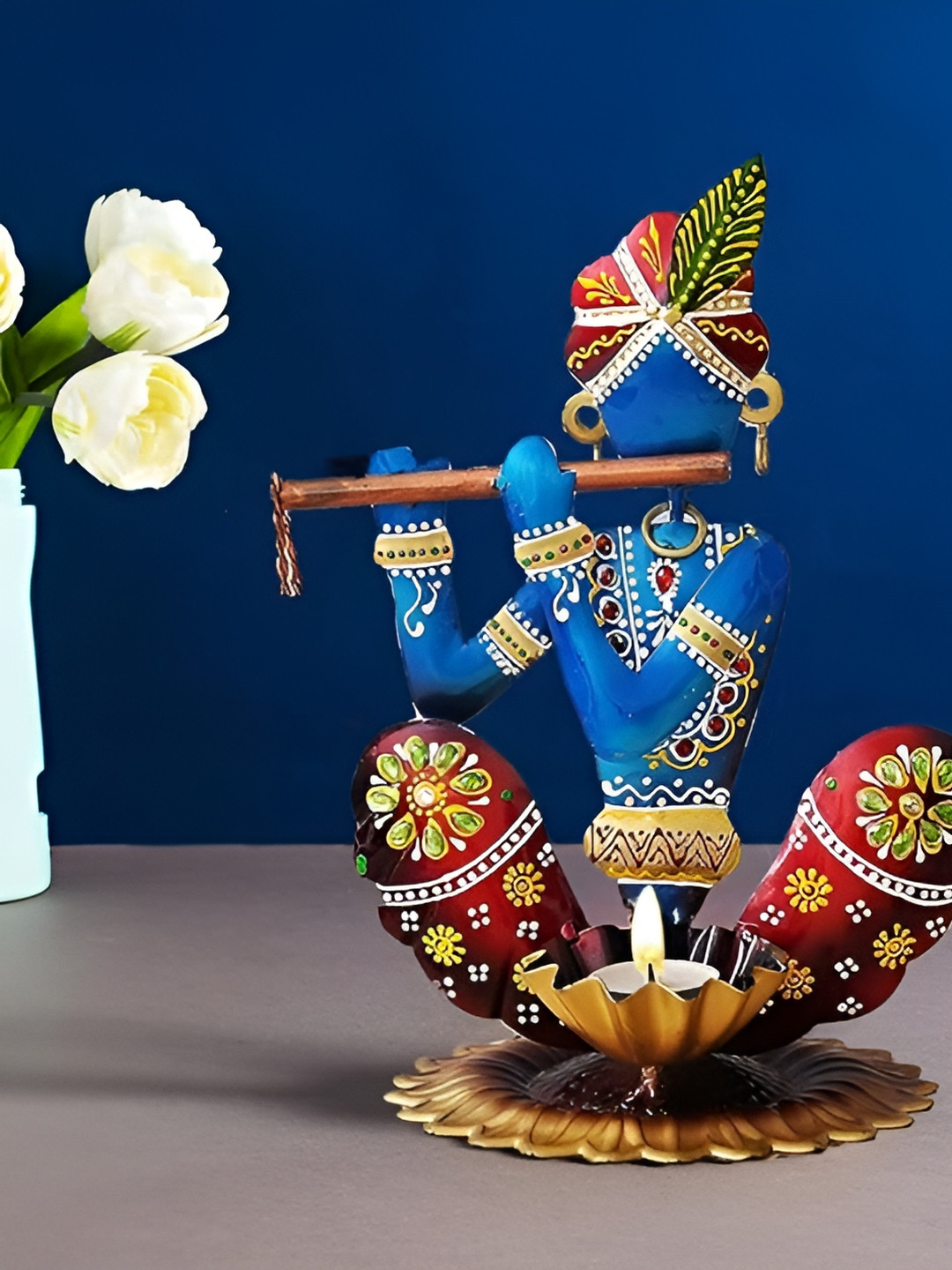 CraftVatika Krishna Blue Metal Metallic Prayer Room Medium Showpiece - 10.5 Inches