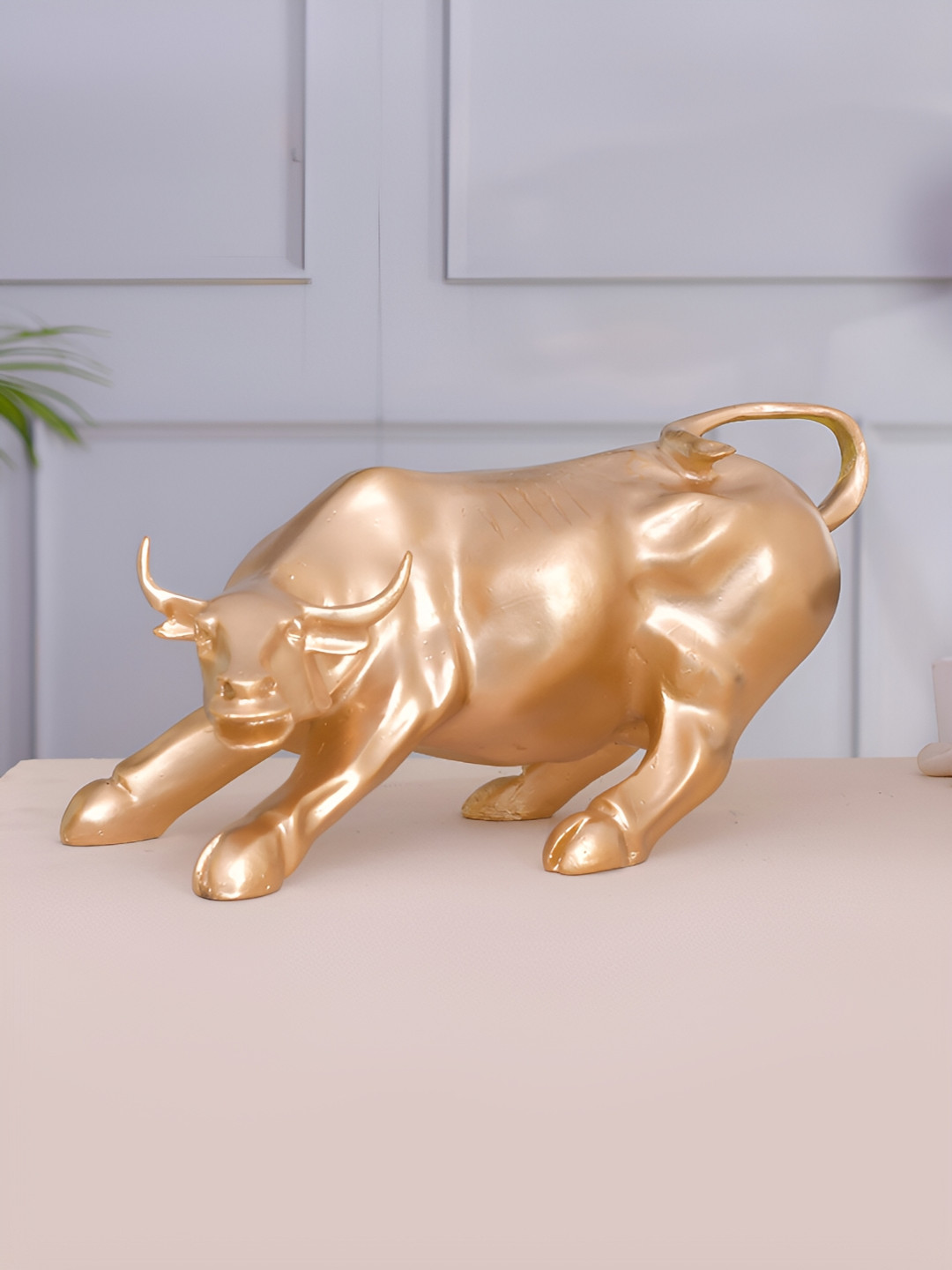 CraftVatika Stock Market Wall Street Charging Bull Gold Polyresin Glossy Living Room Medium Showpiece - 5.6 Inches