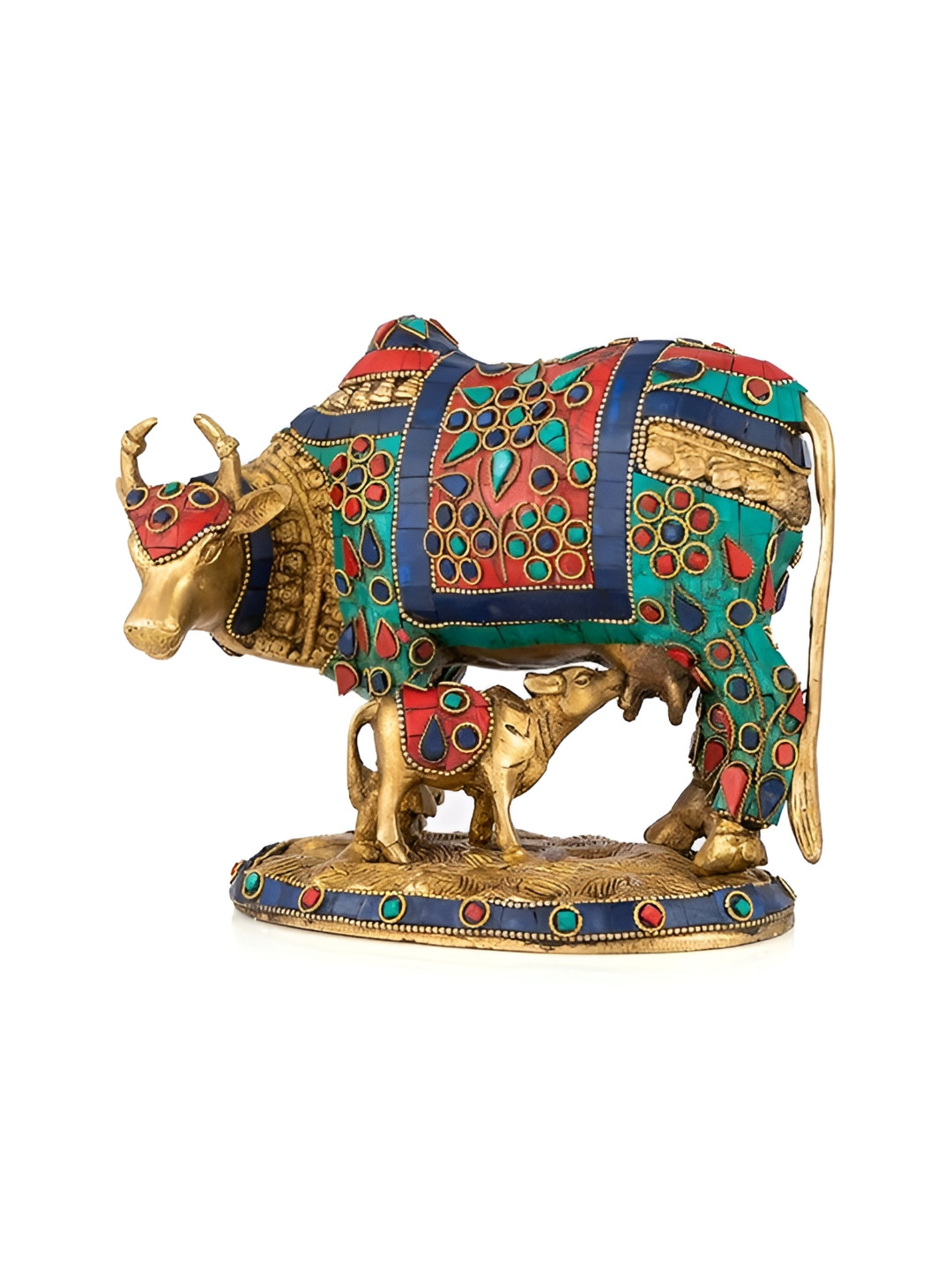 CraftVatika Kamdhenu Cow and Calf Gold Brass Metallic Living Room Medium Showpiece - 4 Inches