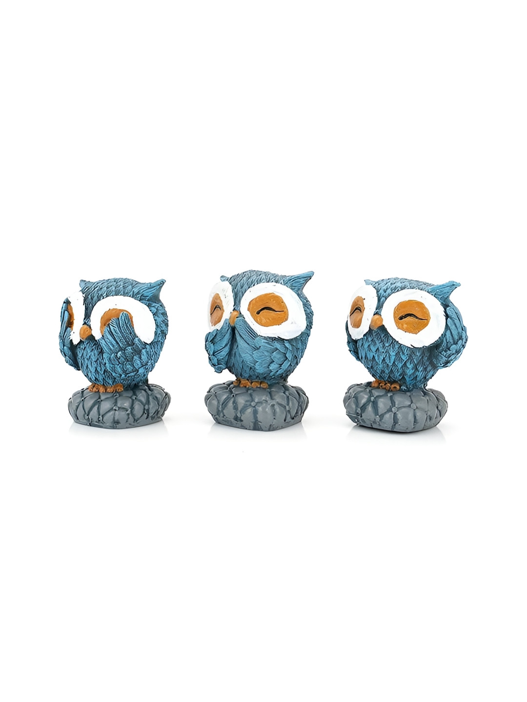 CraftVatika Owl Blue Polyresin Glossy Garden Set of 3 Medium Showpieces - 3.4 Inches