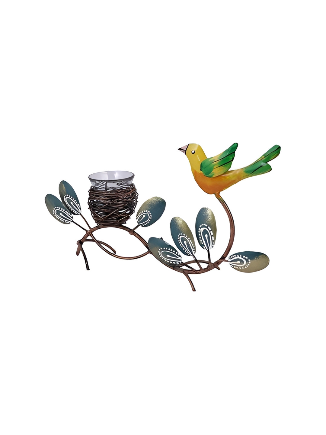 CraftVatika Bird Sparrow Nest with Leaf Blue Polyresin Matte Living Room Medium Showpiece - 7.2 Inches