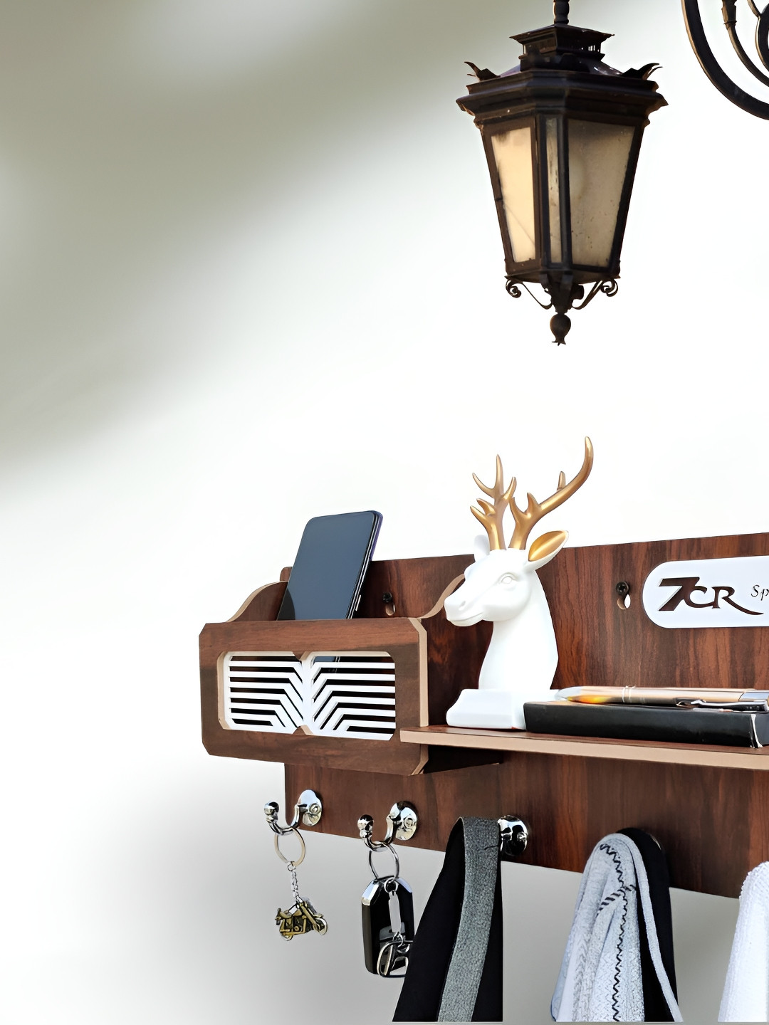 7CR Brown Wooden Key Holder With Shelf