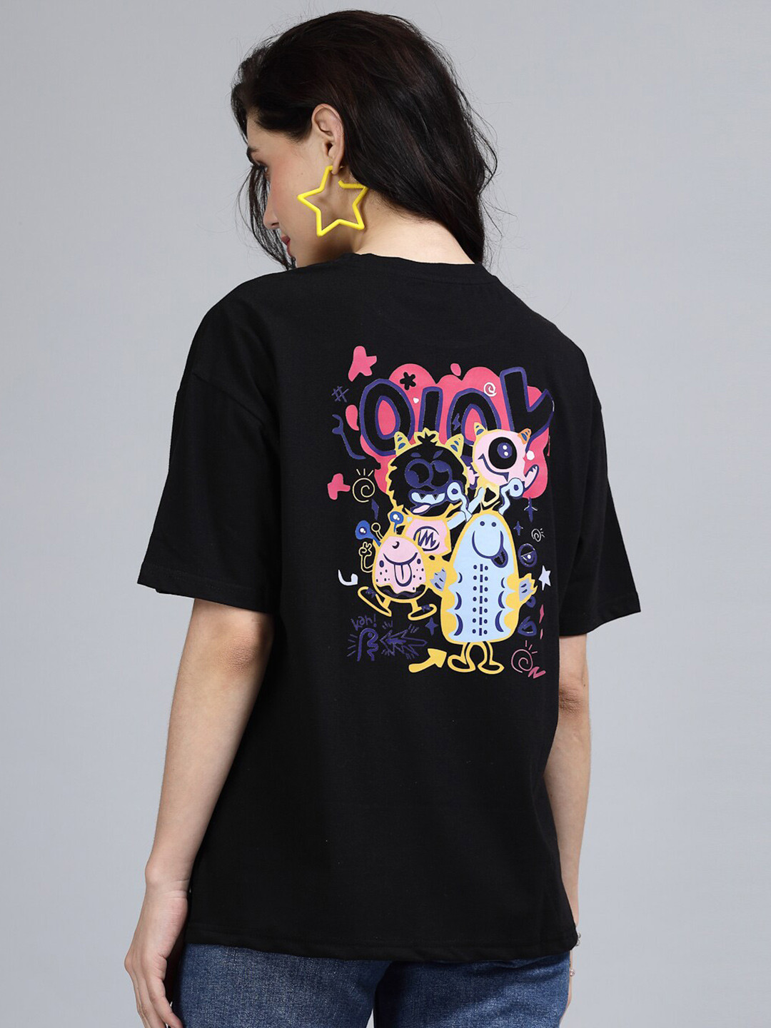 Popster Round Neck Printed Drop Shoulder Sleeves Oversized Cotton T-shirt