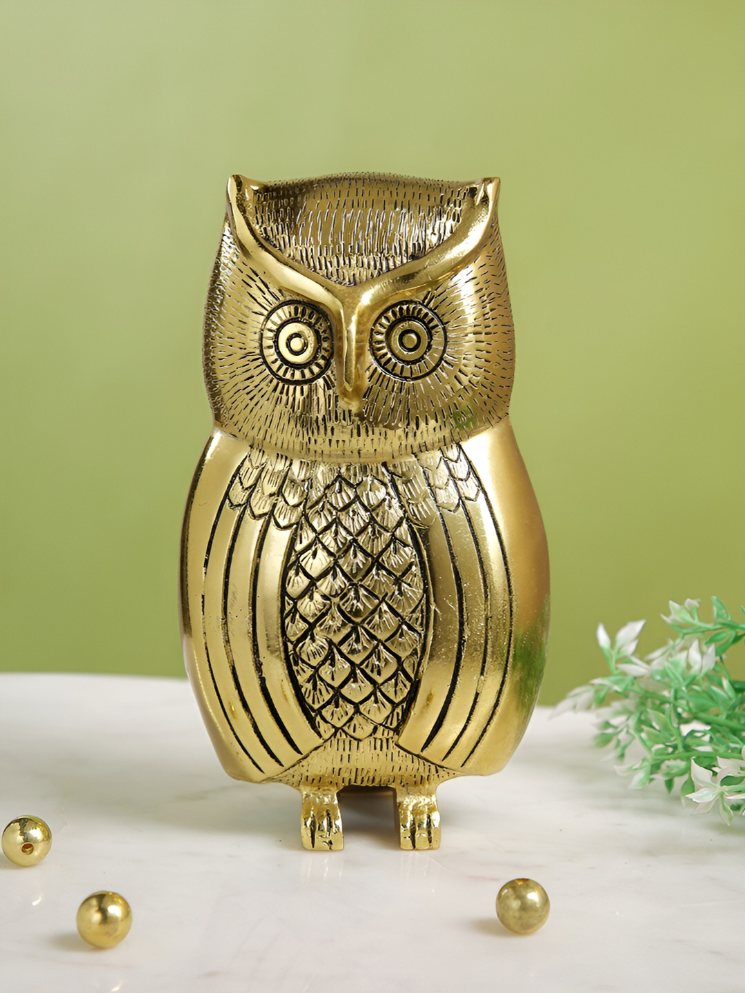 CraftVatika Owl Gold Metal Metallic Living Room Hand Made Medium Showpiece - 6.5 Inches