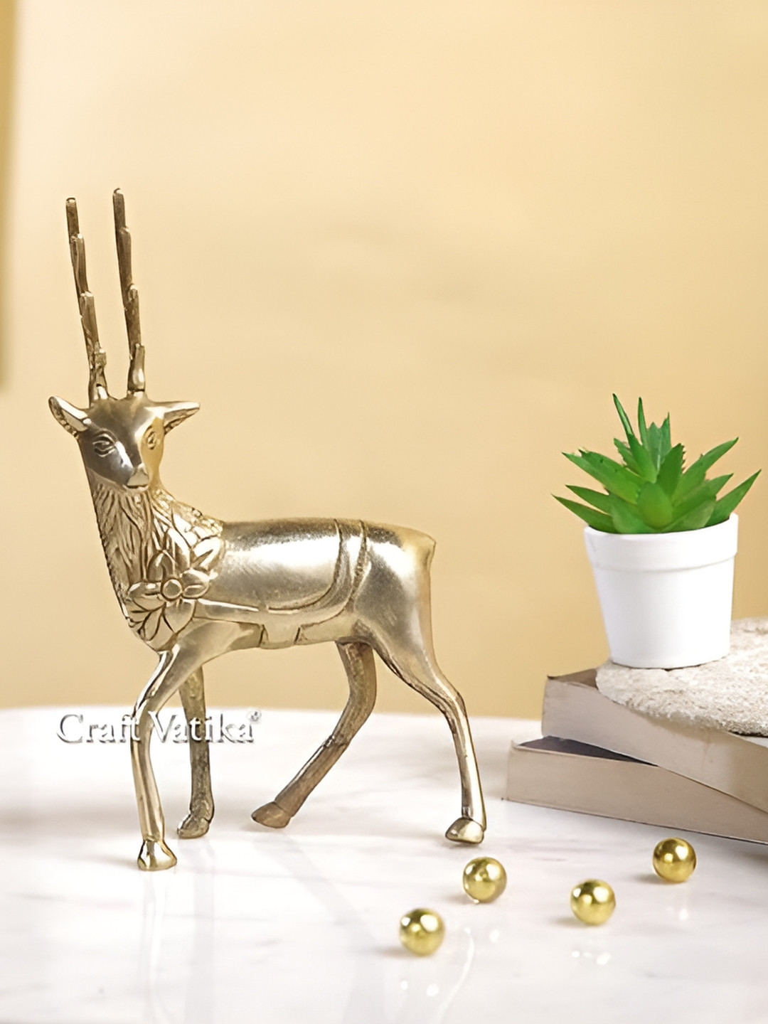 CraftVatika Deer Gold Brass Metallic Living Room Hand-Crafted Medium Showpiece -