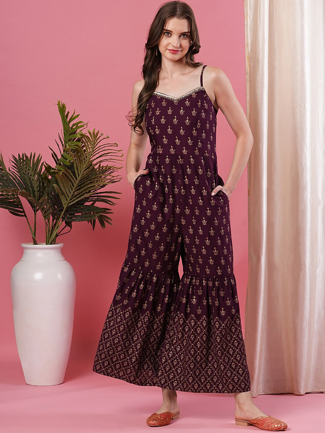 Globus Strappy With V Embroidered Allover Printed Flared Leg Fusion Jumpsuit