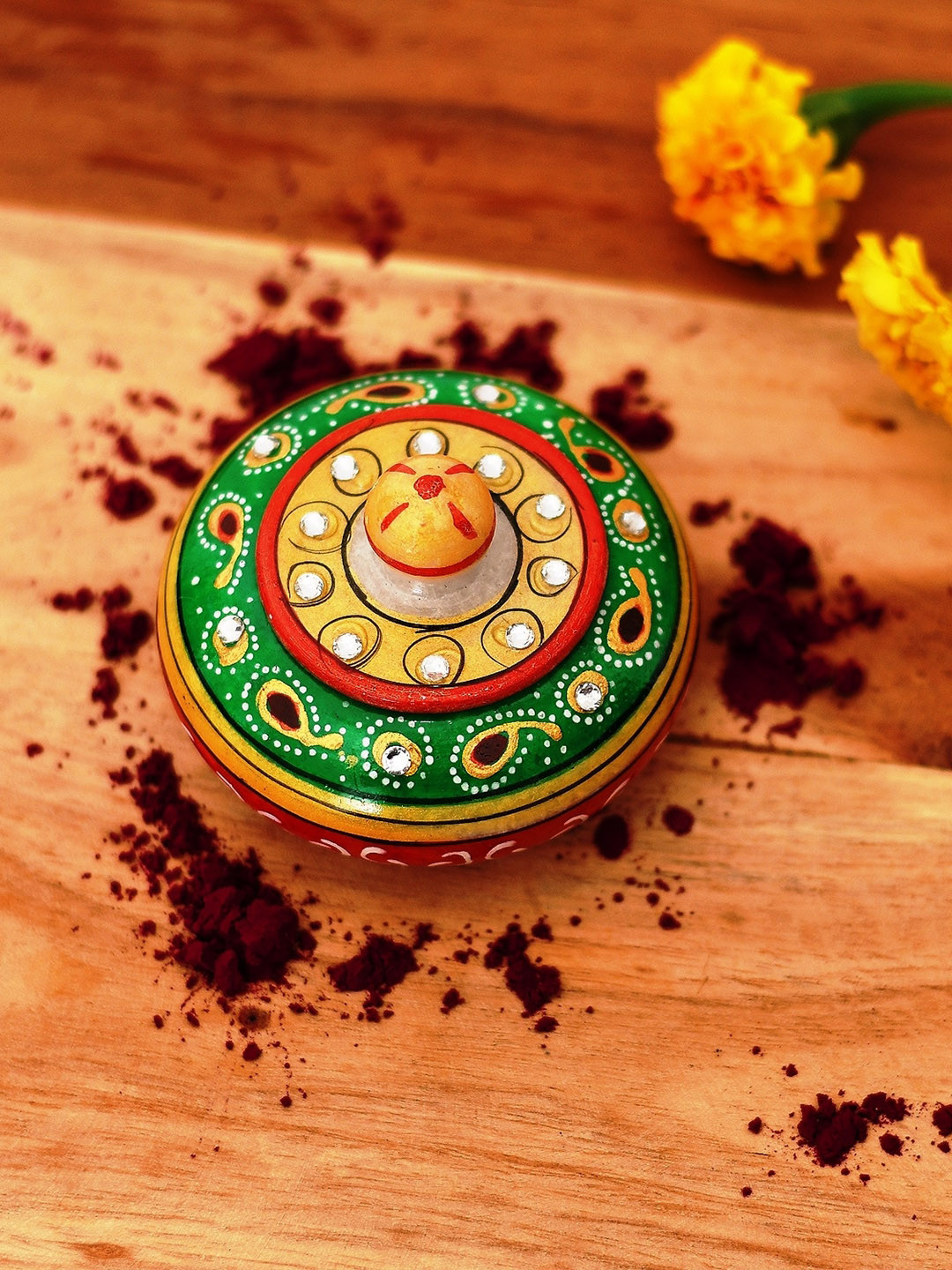 CRAFTAM Red & Green Printed Haldi Kumkum Box