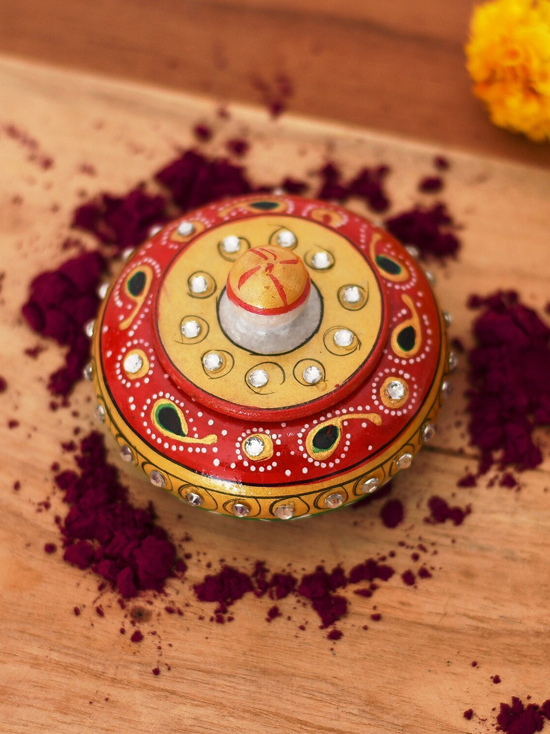 CRAFTAM Red & Yellow Marble Kumkum Bharani Box