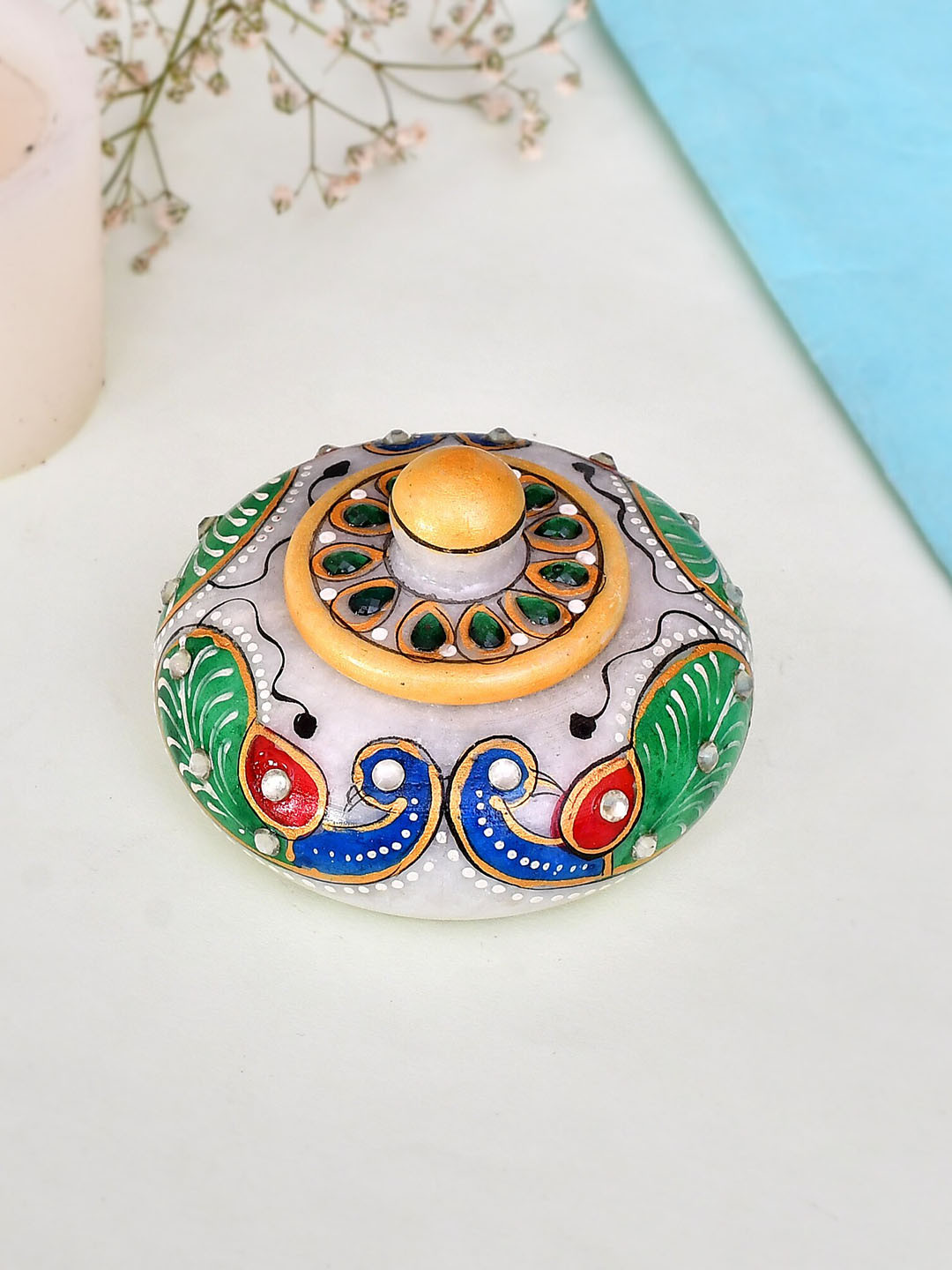 CRAFTAM White & Green Marble Kumkum Bharani Box