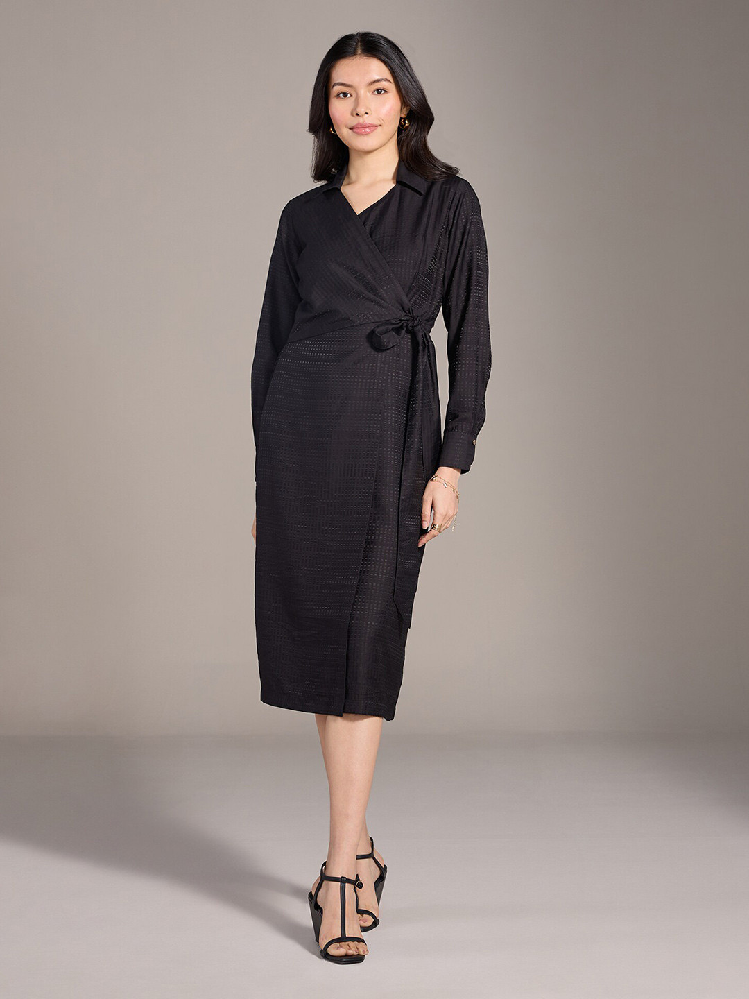 20Dresses xxd urban brights Black Shirt Collar Tie Up Wrap Midi Dress