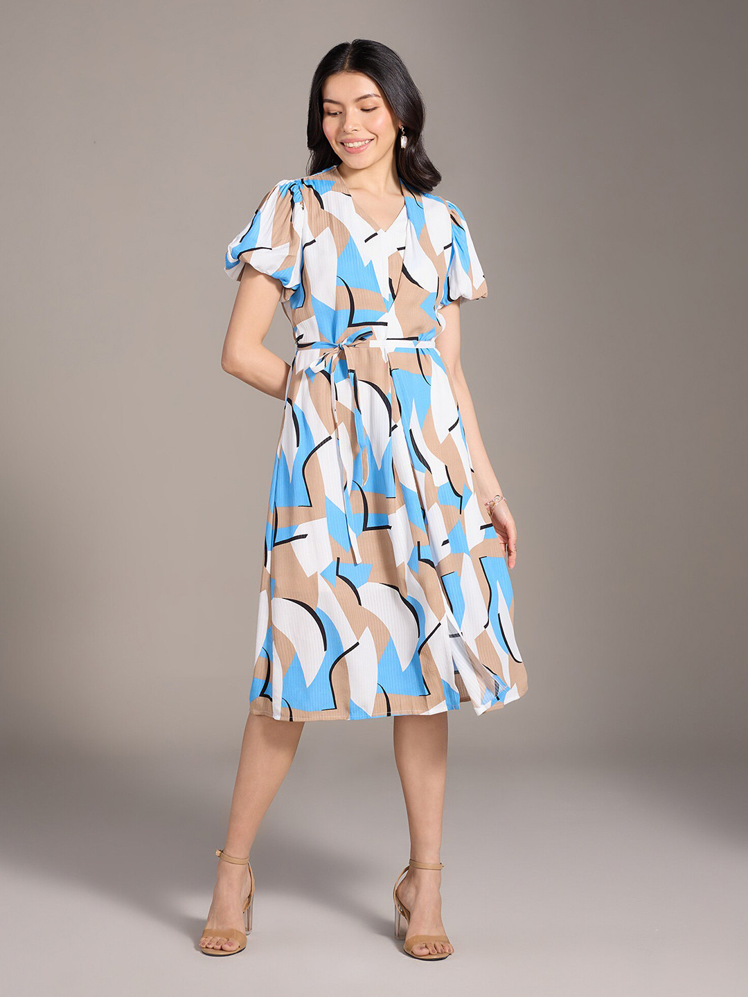 20Dresses xxd urban brights Blue V-Neck Abstract Print Puff Sleeves A-Line Midi Dress