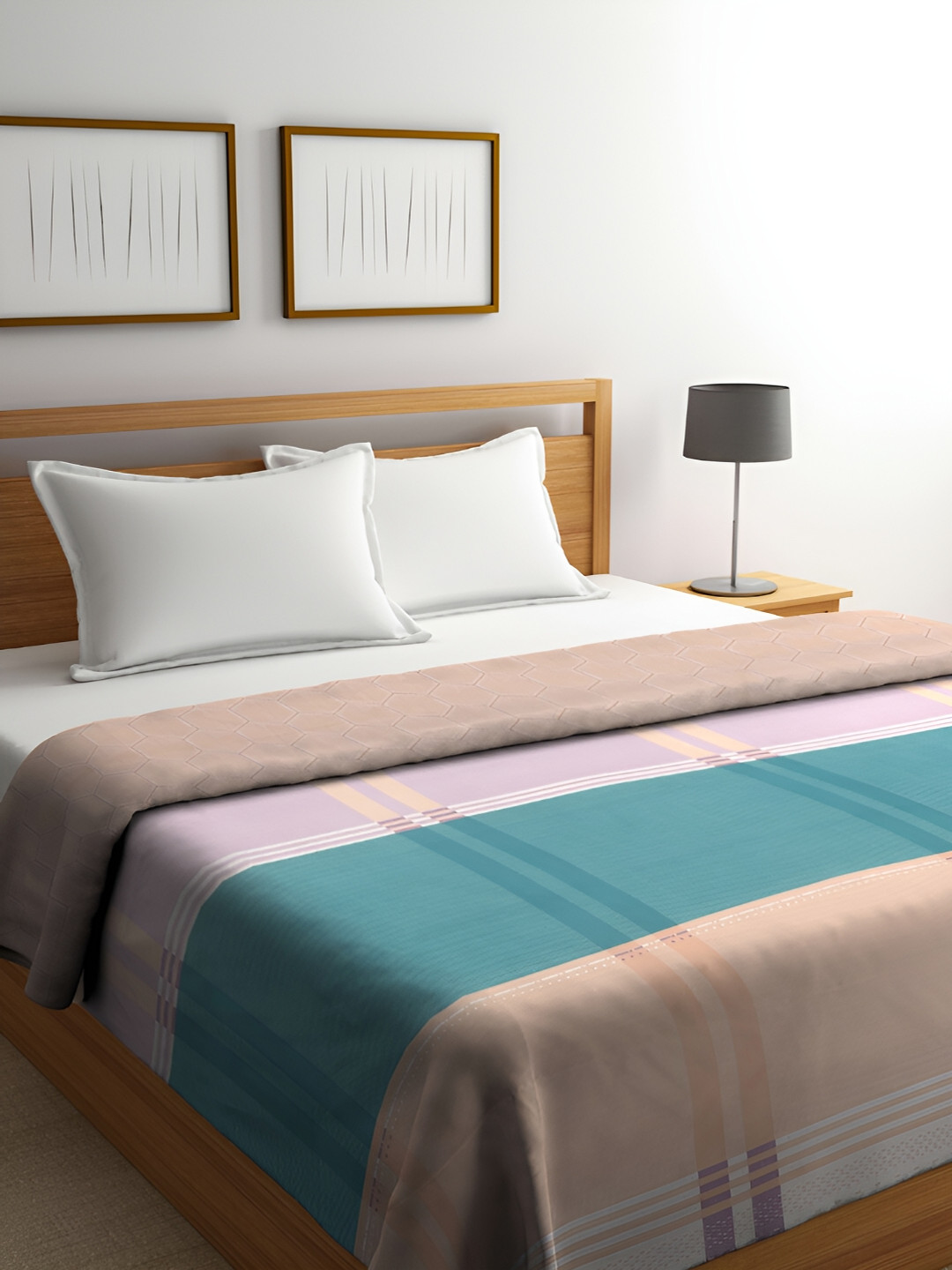 Miaz Lifestyle Peach & Blue Checked Printed Pure Cotton 130 GSM Double Bed Comforter