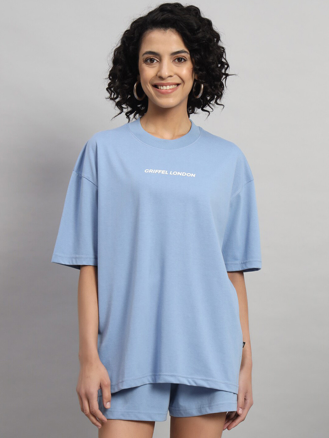 GRIFFEL Pure Cotton Oversized Fit Round Neck T-Shirt & Flared Shorts Co-Ords