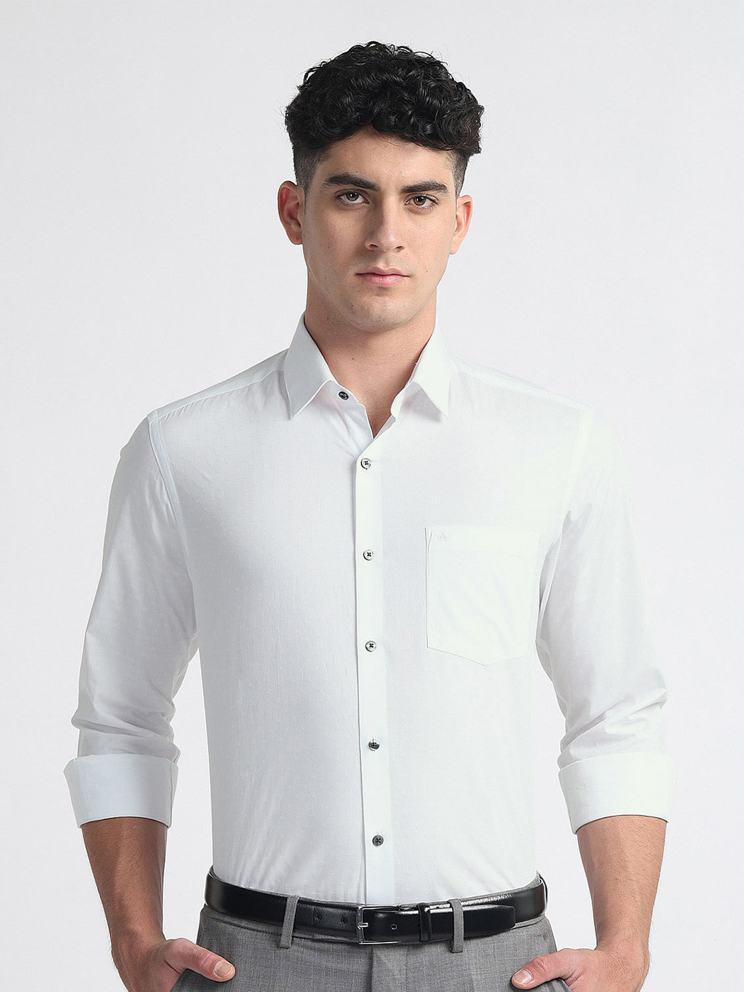 Arrow Self Design Cotton Spread Collar Curved Slim Fit Formal Shirt