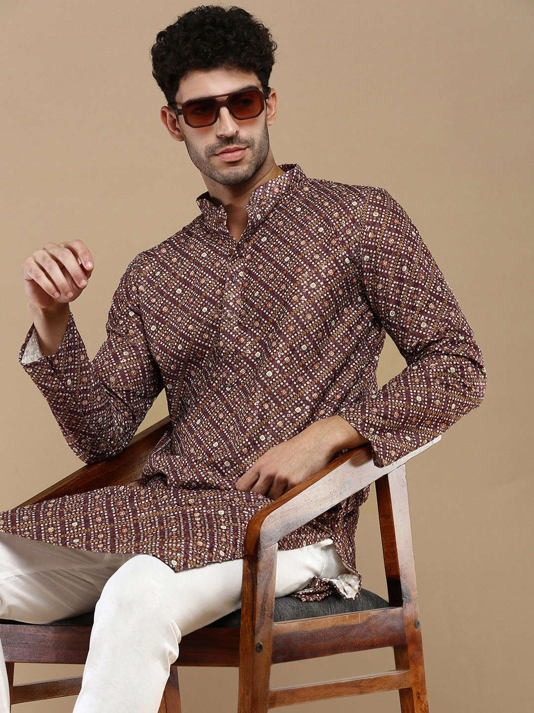 Anouk Rust Geometric Embroidered Cotton Sequins Mandarin Collar Straight  Kurta