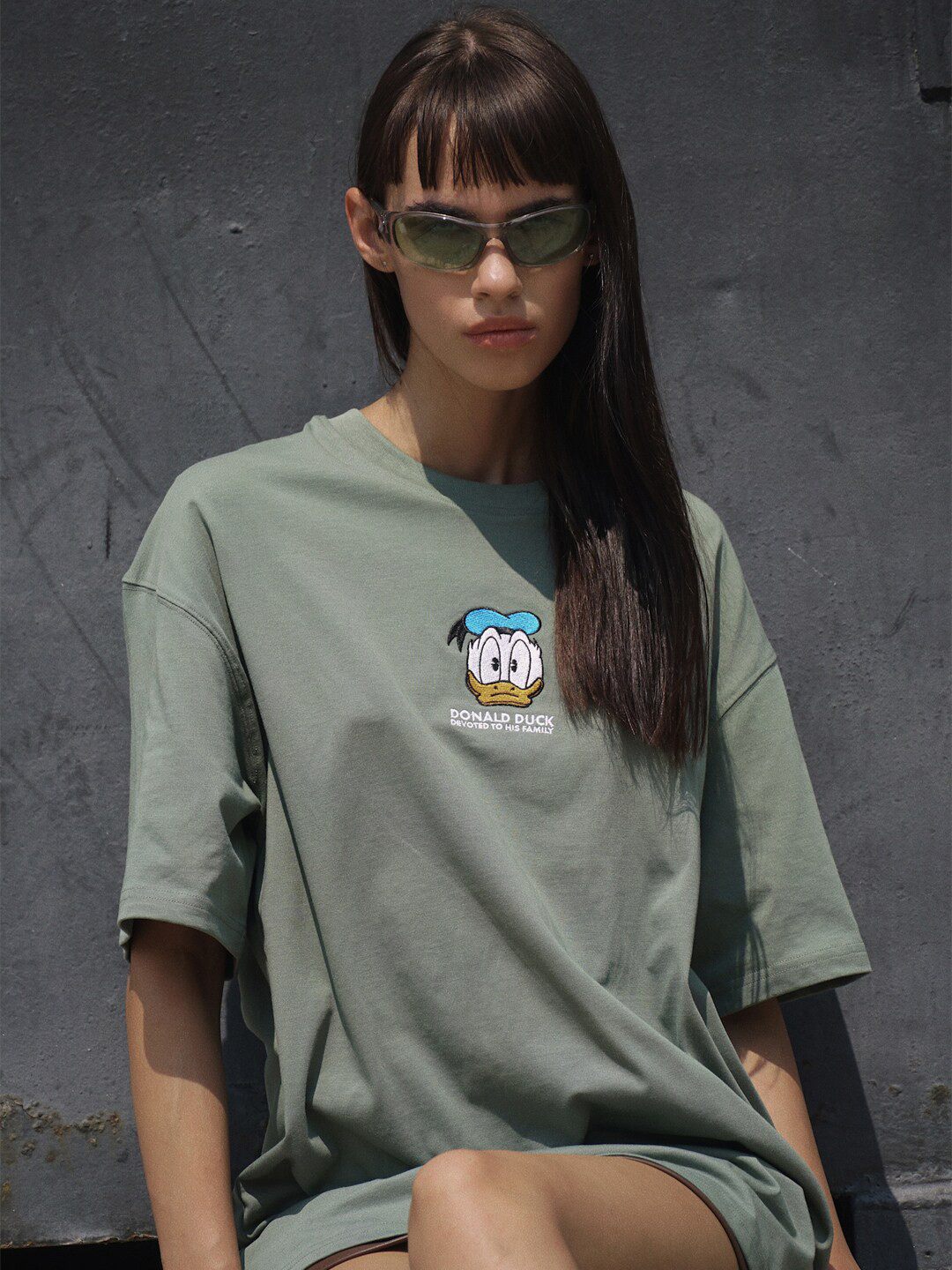 Bonkers Corner Green Donald Duck Printed Round Neck Oversized T-shirt