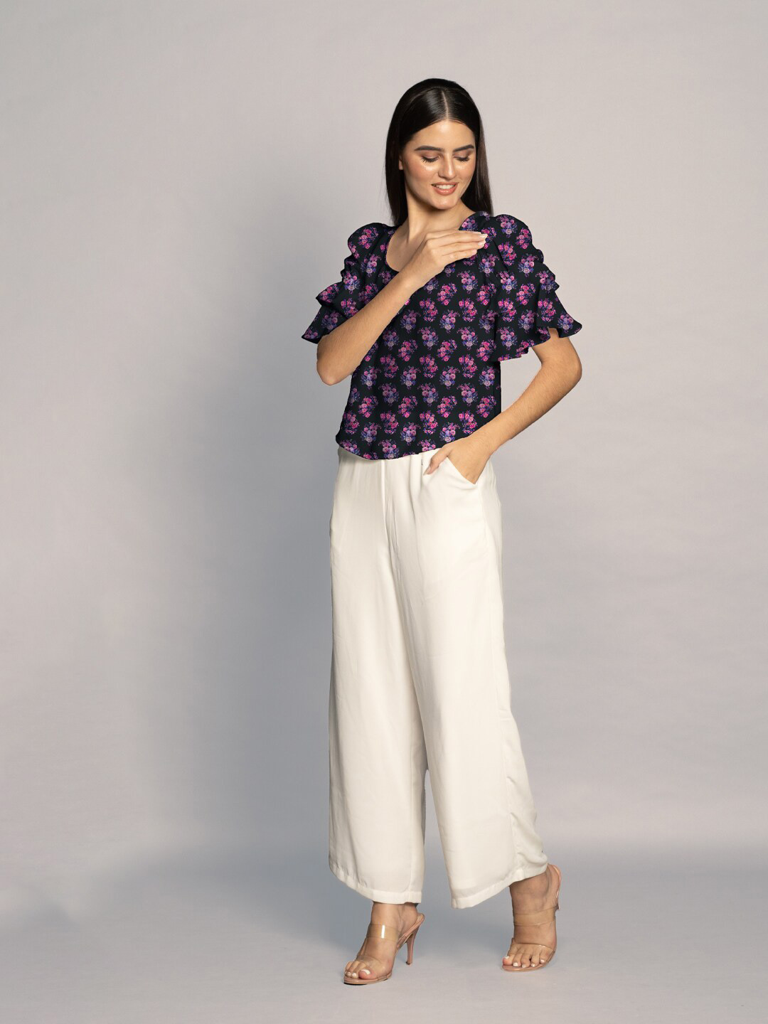 Zink London Floral Printed Bell Sleeves Ruffled Top