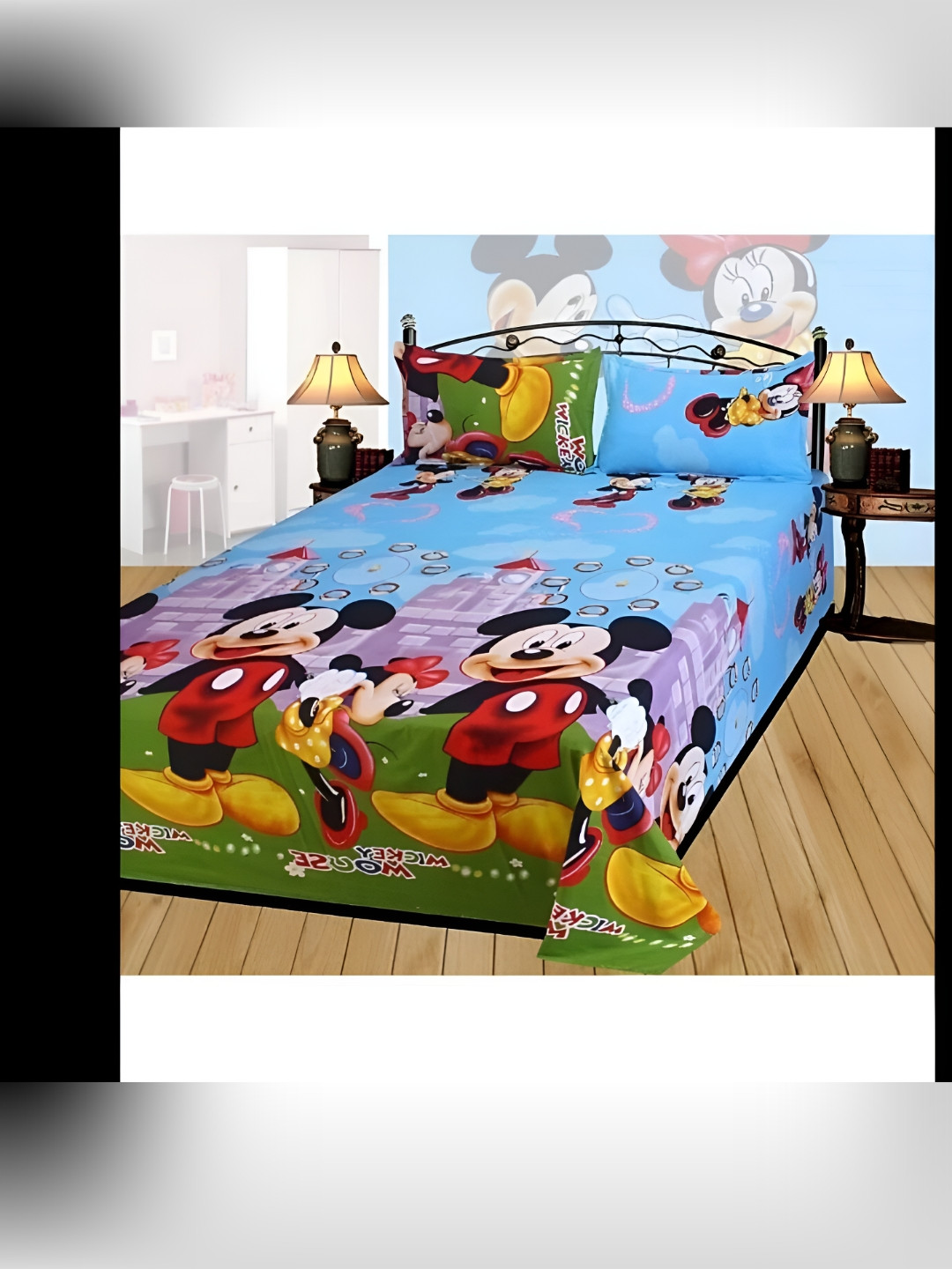 Supreme Home Collective Blue Cartoon Characters Microfiber 144 TC Queen Fine Bedsheet with 2 Pillow Covers-89 x 89 inches
