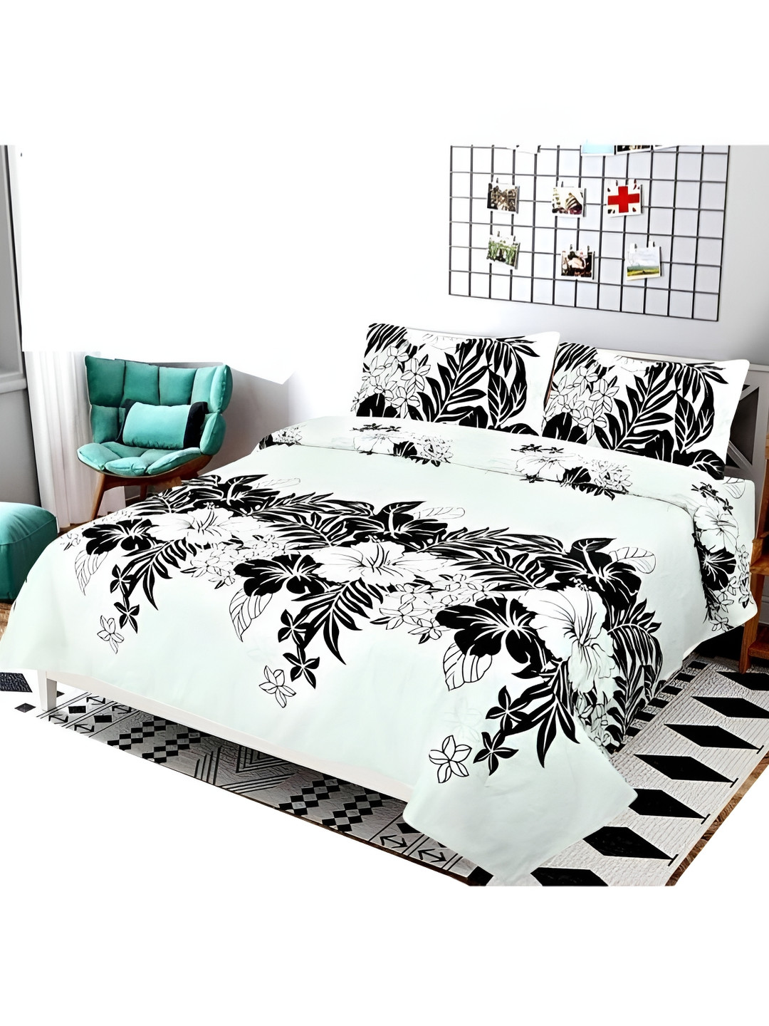 Supreme Home Collective White Floral Microfiber 144 TC Double Fine Bedsheet with 2 Pillow Covers-89 x 89 inches