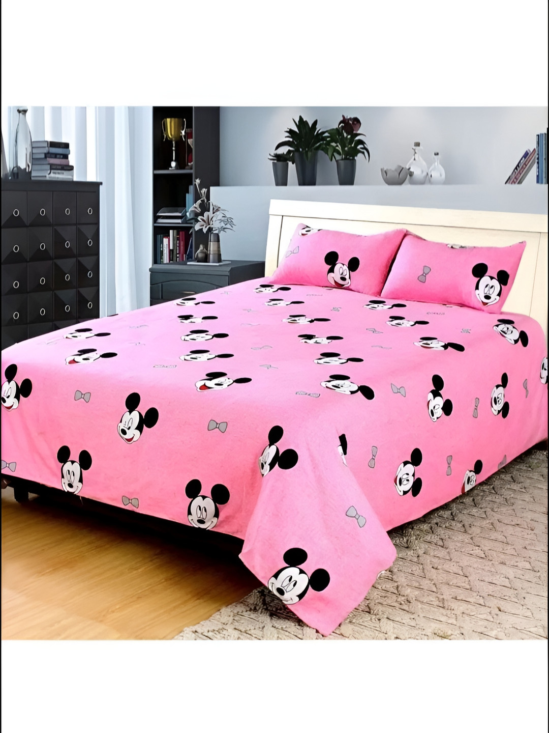 Supreme Home Collective Pink Cartoon Characters Microfiber 144 TC Queen Bedsheet with 2 Pillow Covers-89 x 89 inches